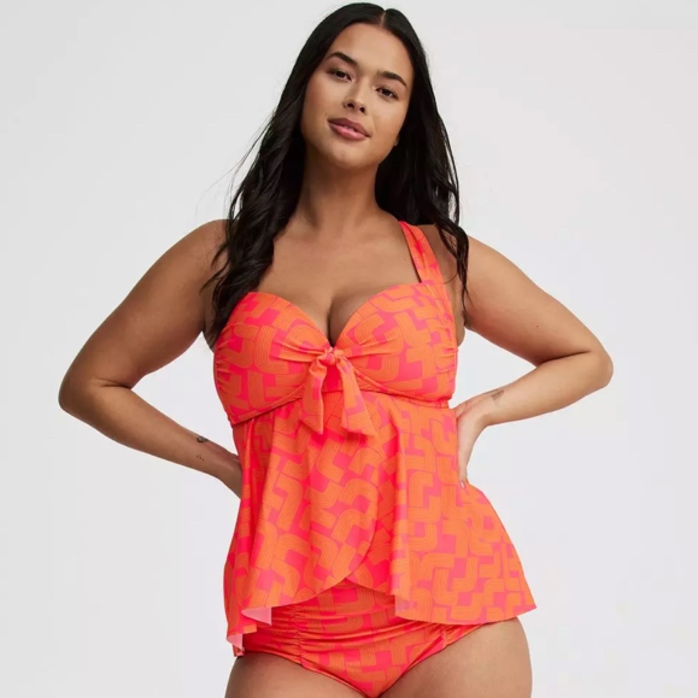 TORRID Wireless Babydoll Tie-Front Tankini Top Neon Pink Orange NEW